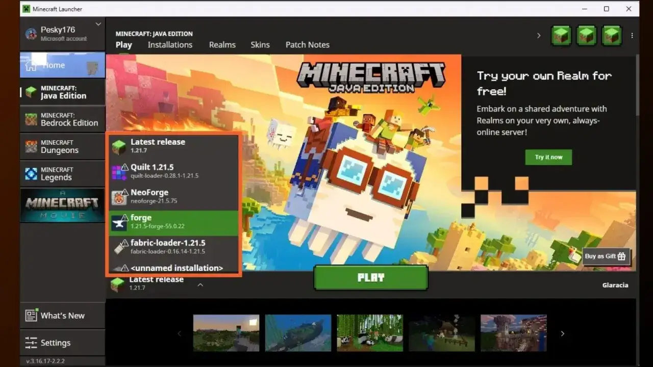 Launcher Minecraft, wybierz Forge, by dowiedzieć się, jak zainstalować mody do Minecrafta.