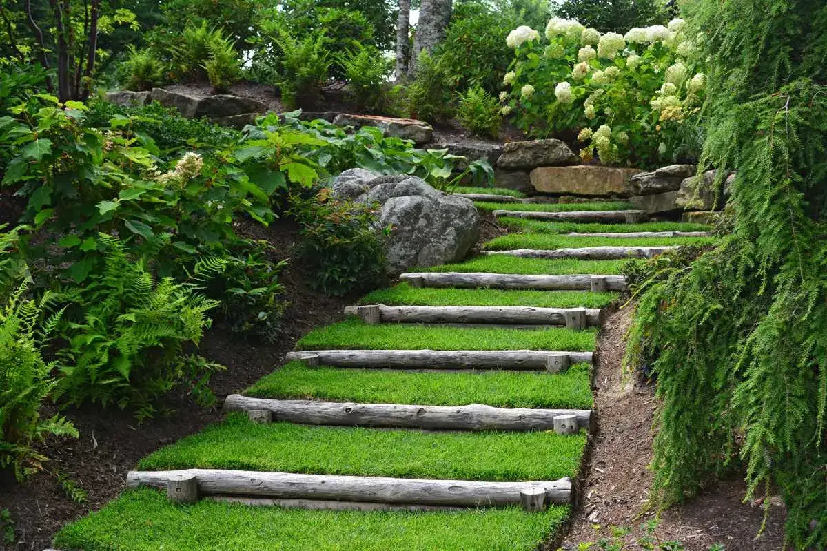 Moderna obra de escaleras exteriores con troncos y césped, integradas en un jardín exuberante con rocas y vegetación.