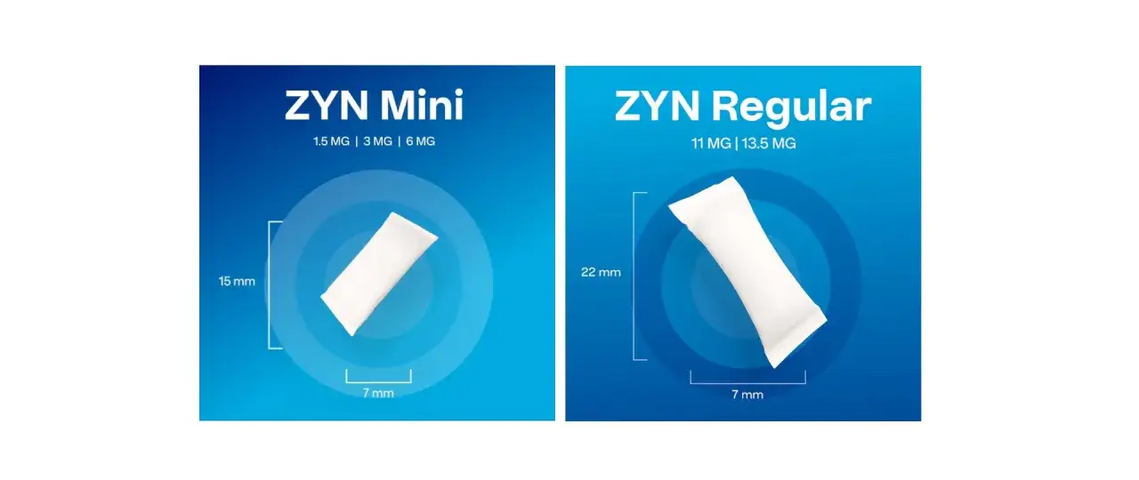 Porównanie ZYN Mini (15 mm) i ZYN Regular (22 mm). Oba produkty mają szerokość 7 mm.