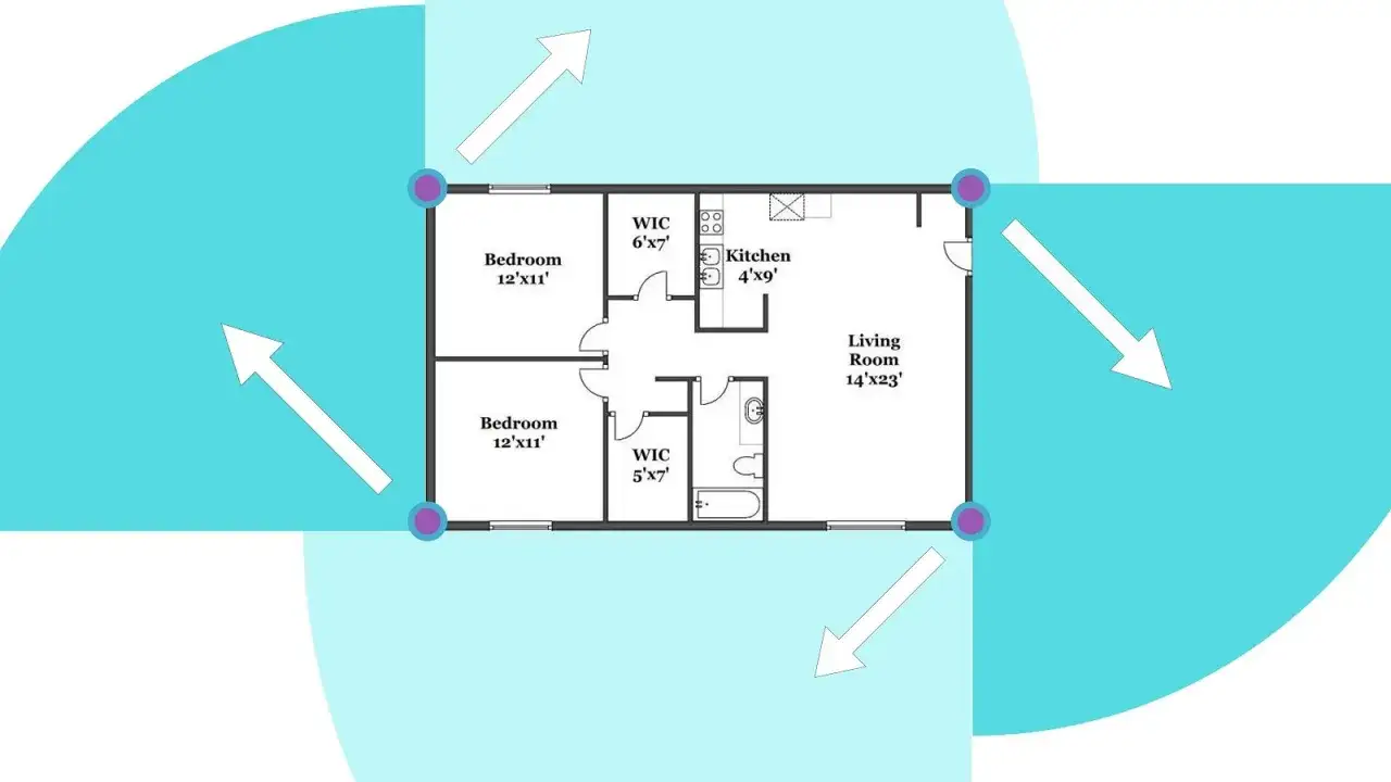 Plan d'un appartement avec zones bleues indiquant où placer une caméra de surveillance.
