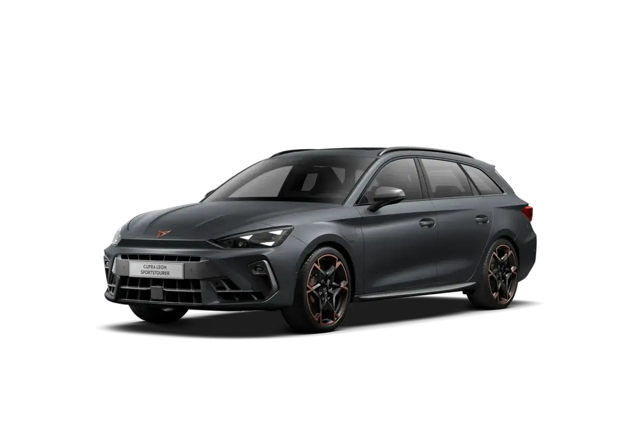 Cupra Leon Sportstourer, elegancki kombi od producenta Cupra, prezentuje się na czarnym tle.
