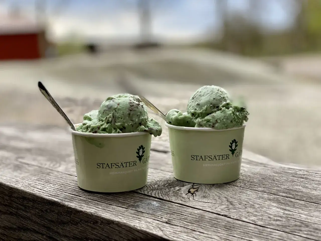 Två muggar med olika glass, mintchoklad, står på ett träbord. Stafsäter Gårds logotyp syns på muggarna.