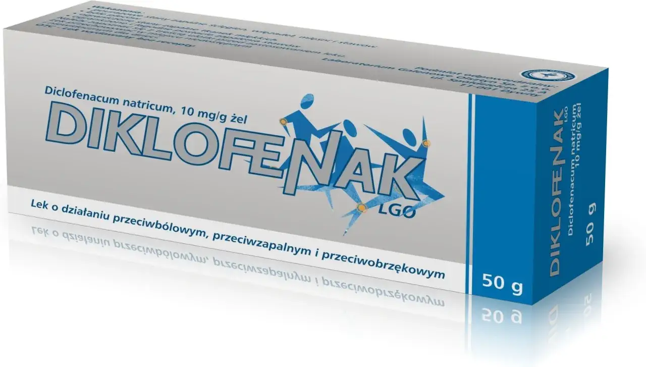Opakowanie żelu **diklofenak** LGO 10 mg/g, łagodzącego ból i stany zapalne mięśni i stawów. 50 g.