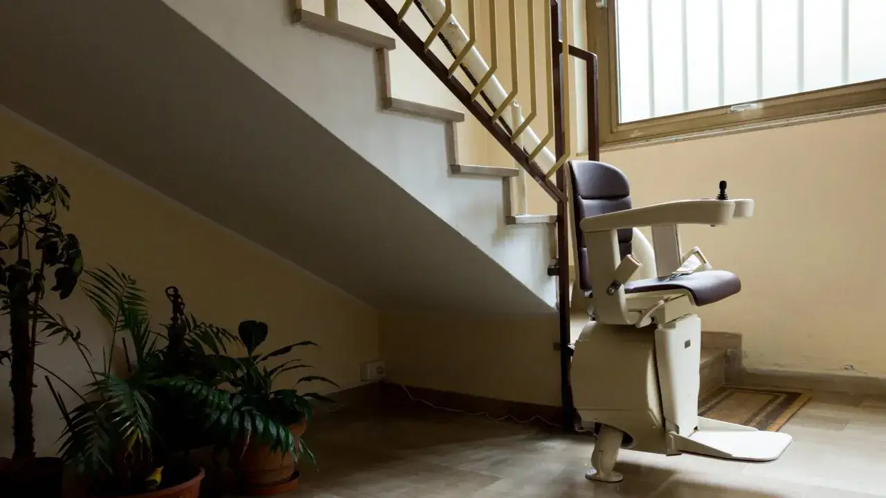 Ingresso con gradino interno e montascale. Piante verdi e una finestra illuminano l'ambiente.