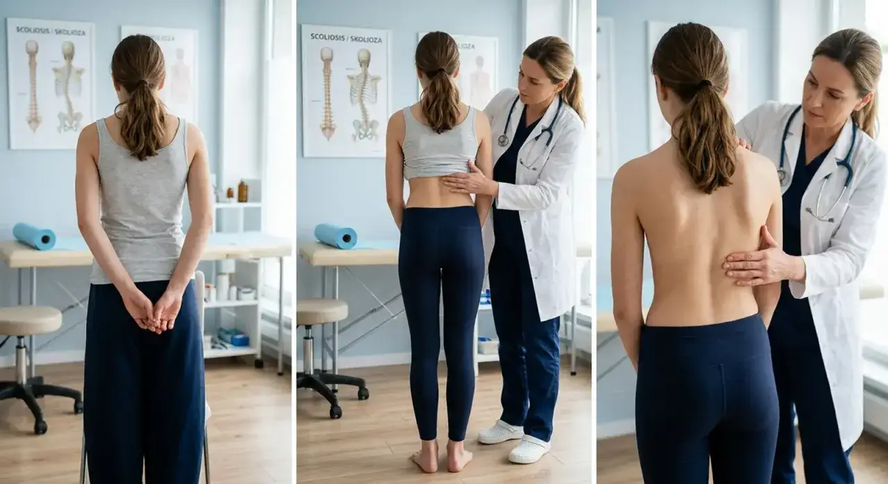 Lekarz wykonuje test Adamse u pacjentki, badając jej kręgosłup.