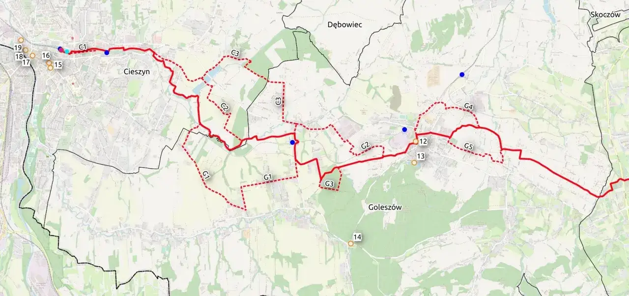 Mapa z zaznaczoną trasą rowerową w okolicach Cieszyna i Goleszowa. Widoczne punkty orientacyjne i oznaczenia szlak&oacute;w, np. C1, G1, G2, G3, G4, G5.