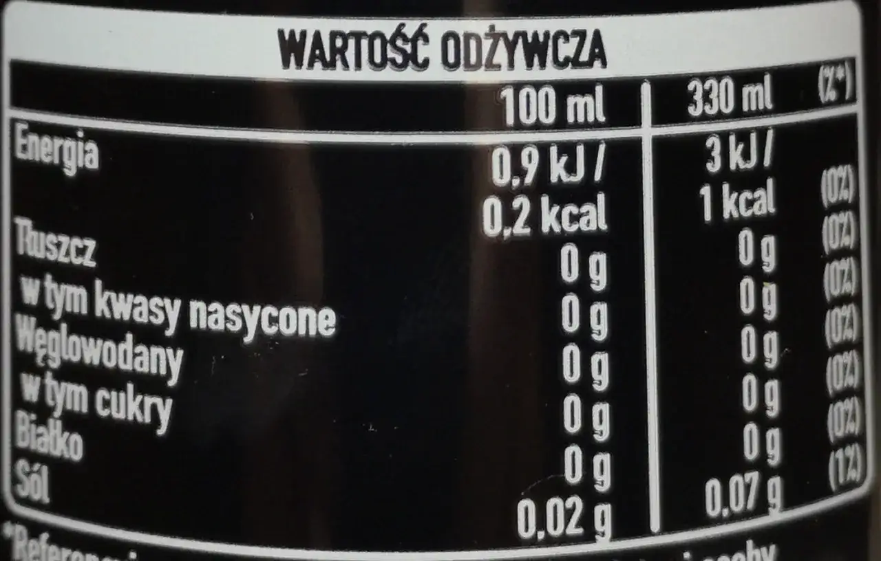 Tabela wartości odżywczych napoju, który jest cola zero kalorie. W 100 ml napoju znajduje się 0,2 kcal.