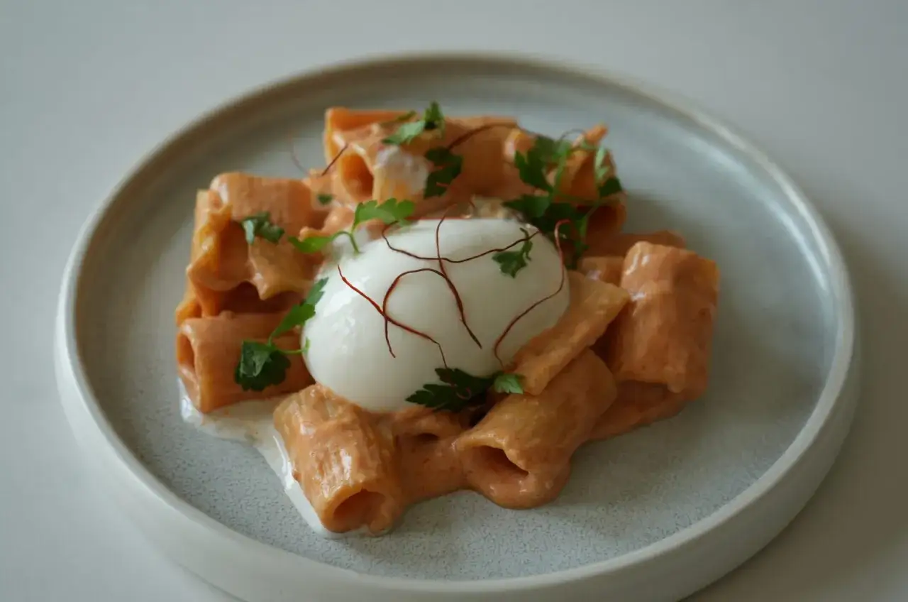 Pasta mit cremiger Sauce und einer Kugel Burrata, die aussieht, als hätte man sie gerade frisch selber gemacht. Garniert mit Petersilie und feinen Fäden.