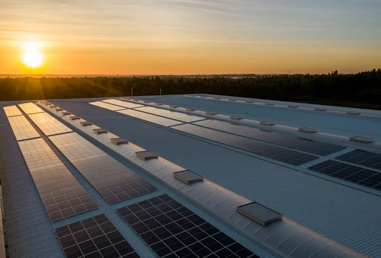 Wschód słońca nad dachem z panelami fotowoltaicznymi. Novavis akcje w zielonej energii.