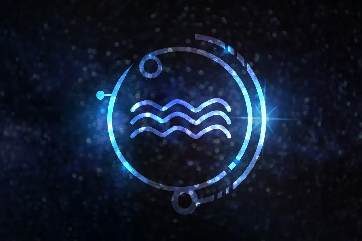 12 luty jaki to znak zodiaku? Symbol Wodnika, przedstawiający trzy fale, świeci na tle kosmicznej mgławicy.