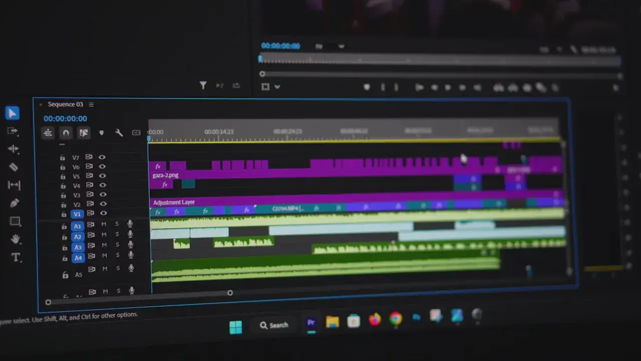 Widok ekranu z zaawansowaną edycją wideo. Na osi czasu widać wiele ścieżek wideo i audio, z klipami, efektami i warstwą dopasowania.