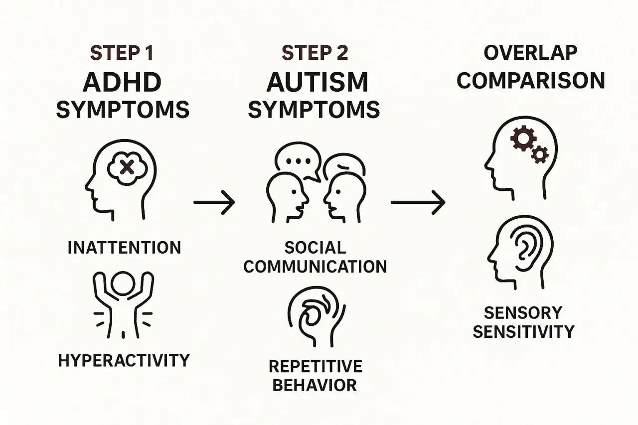 Schemat porównuje objawy ADHD (roztargnienie, nadpobudliwość) z objawami autyzmu (komunikacja społeczna, powtarzalne zachowania) i ich nakładanie się, co jest kluczowe w diagnozie ADHD w dorosłym życiu.