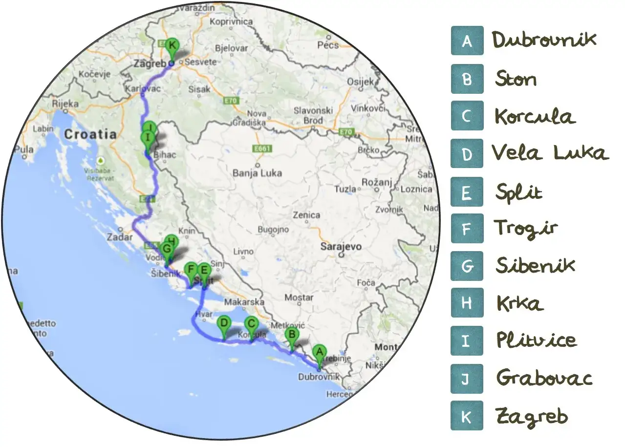 Mapa de ruta croacia 10 dias: Zagreb, Plitvice, Šibenik, Split, Korčula, Dubrovnik y más.