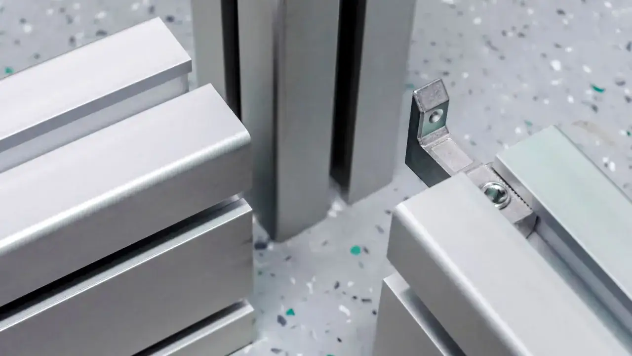 Dettaglio di profili per strutture modulari, realizzati con matrici estrusione alluminio. Un giunto metallico unisce due elementi.
