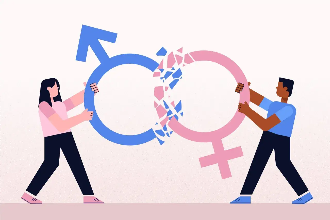Uomo e donna rompono simboli di genere, sfidando gli stereotipi.