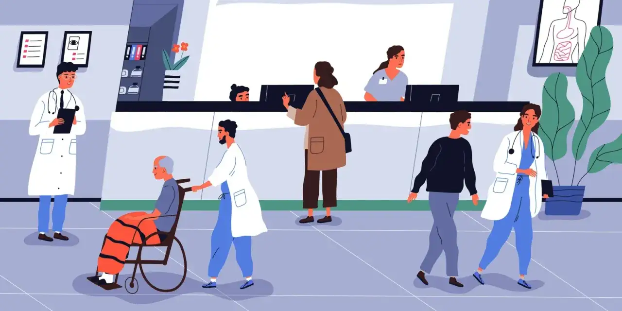 Un medico e una segretaria studio accolgono pazienti, tra cui un anziano in sedia a rotelle, in un moderno ambulatorio medico.