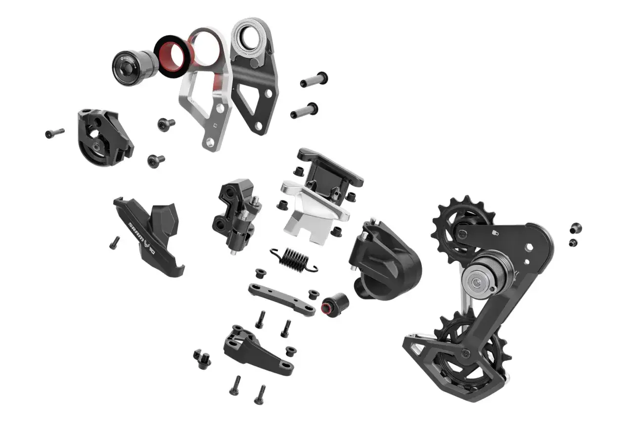 Exploded view of a SRAM T-Type derailleur, showing its intricate components and assembly.