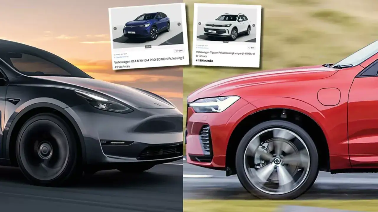 J&auml;mf&ouml;relse mellan en m&ouml;rk Tesla och en r&ouml;d Volvo, med annonser f&ouml;r elbilar och en Volkswagen. Valet st&aring;r mellan diesel eller bensin.