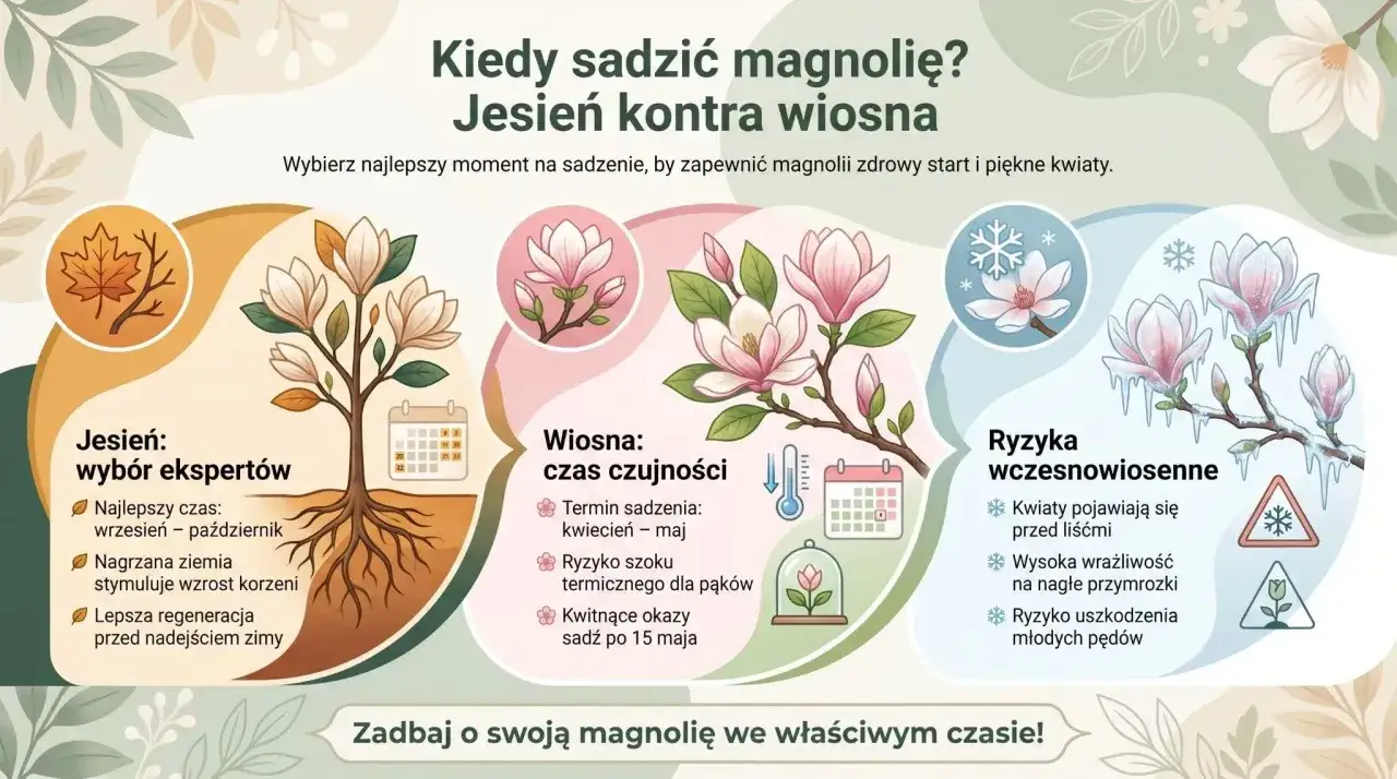Jesień to najlepszy czas, kiedy sadzić magnolię. Zapewnia to roślinie lepszą regenerację przed zimą i zdrowy start.