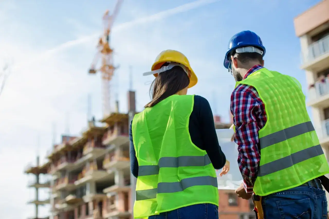 Due operai edili, con caschi e giubbotti ad alta visibilit&agrave;, esaminano un progetto in un cantiere. Si capisce cos'&egrave;: un futuro edificio.