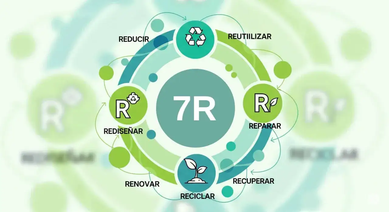 Diagrama circular que ilustra las 7R: Reducir, Reutilizar, Reparar, Recuperar, Reciclar, Redise&ntilde;ar y Renovar.
