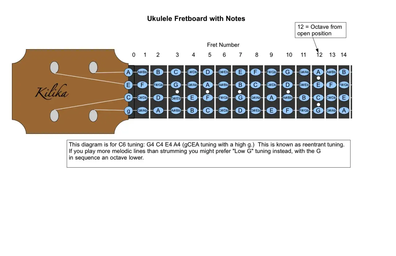 Diagram tabulatury ukulele z nazwami nut na progach. Pomocne dla początkujących muzyk&oacute;w.