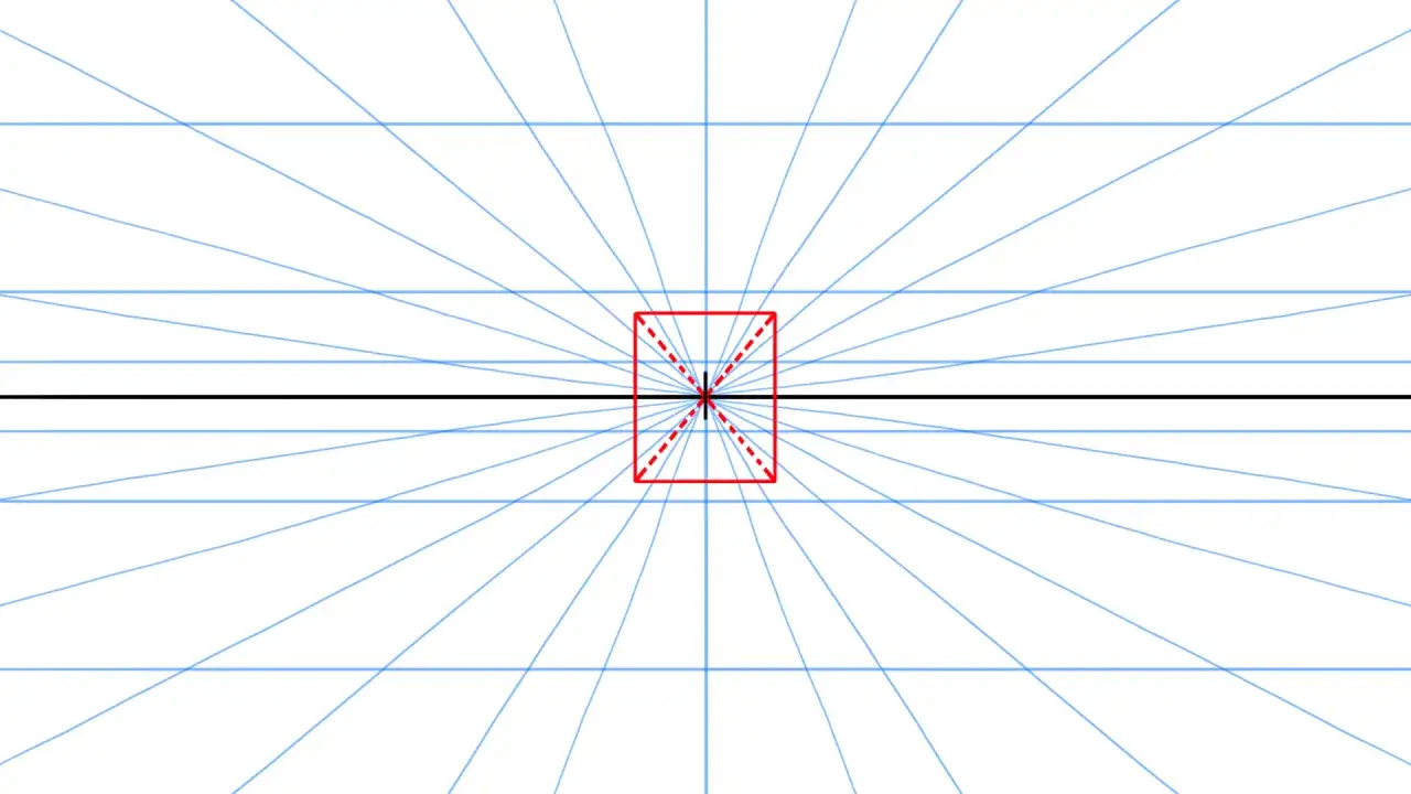 Lignes bleues convergeant vers un point central, avec un carré rouge et une ligne noire horizontale. Illustration de la peinture perspective.
