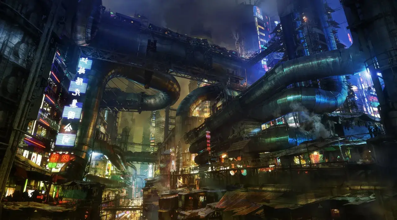 Mroczne, cyberpunkowe miasto z neonowymi szyldami i gigantycznymi rurami, przypominające scenerię z **Alita: Battle Angel**.