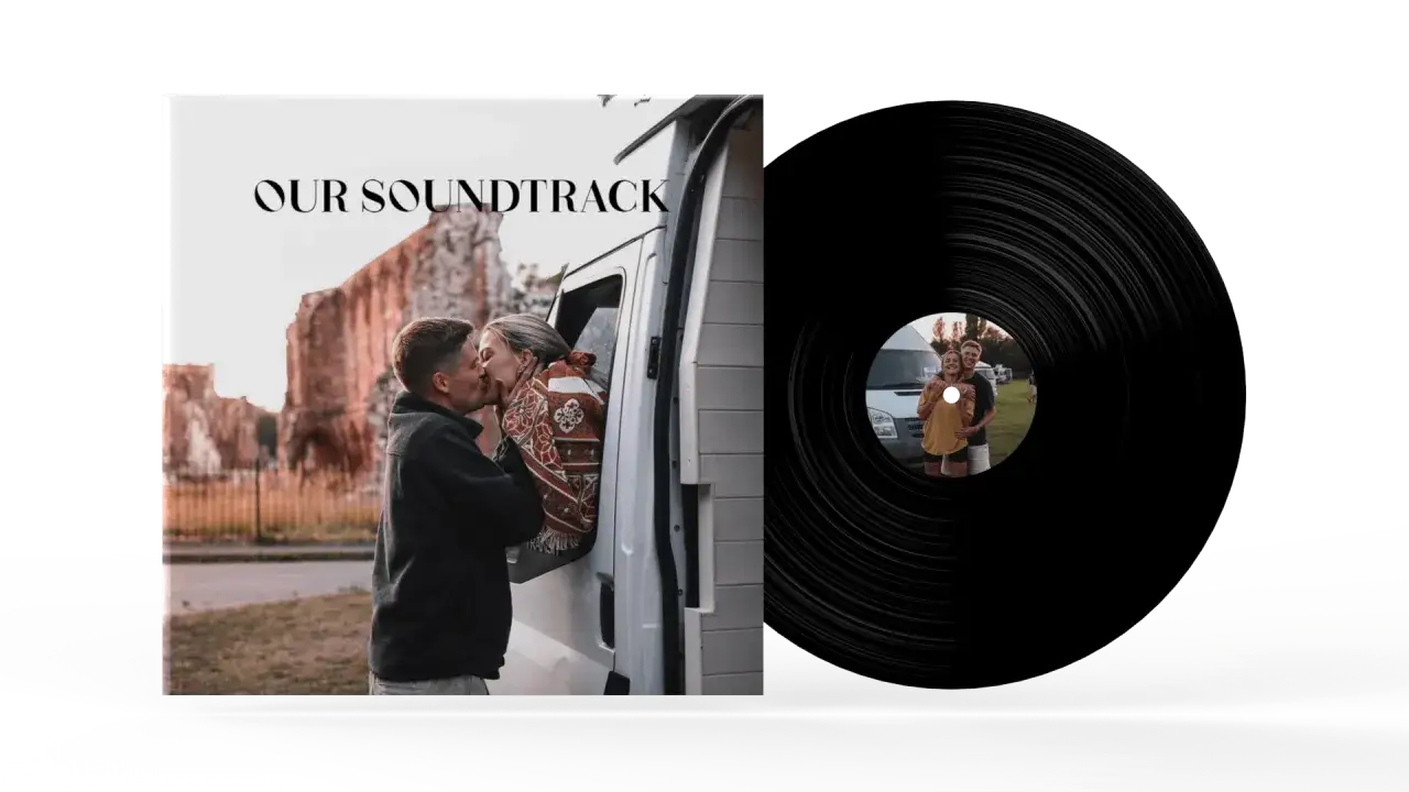 Cover Musik: Ein Paar küsst sich vor Ruinen, daneben eine Schallplatte mit ihrem Foto.