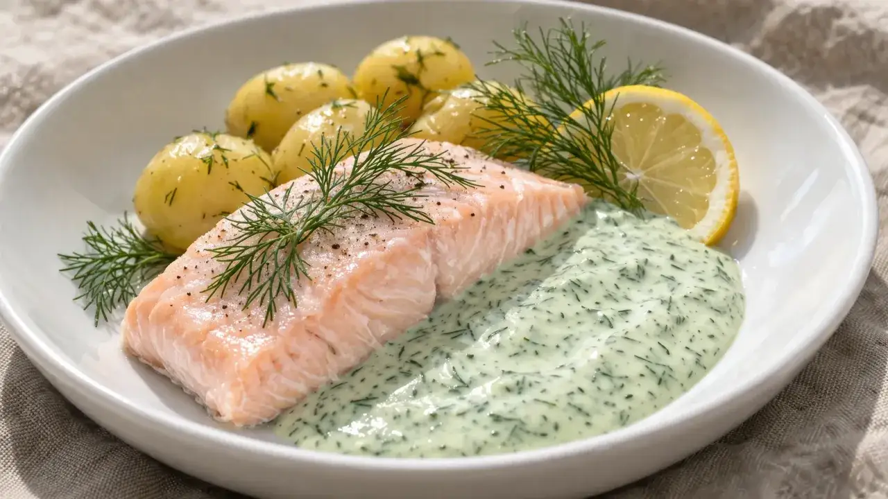 Filet de poisson au court-bouillon, servi avec des pommes de terre et une sauce verte. Un délice simple, qu'il soit préparé à l'eau froide ou chaude.