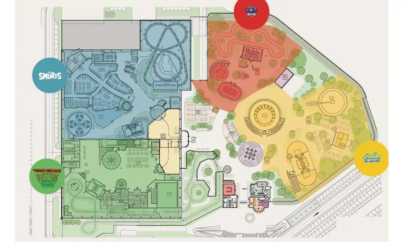 Plan parku rozrywki: gdzie jest Majaland? Widok z lotu ptaka na strefy: Smerfy, Psi Patrol, Wojownicze Żółwie Ninja, Spongebob Kanciastoporty.