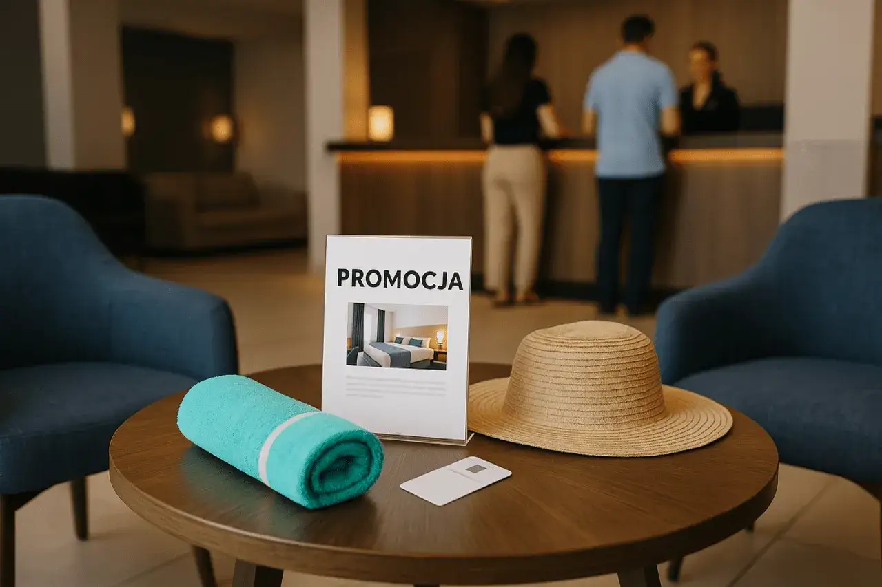 Stolik z ręcznikiem, kapeluszem i kartą hotelową. Na stoliku stoi tabliczka z napisem 