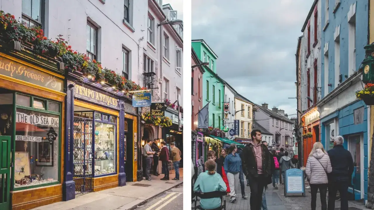 Bunte Gassen in Galway, Irland, mit Geschäften wie