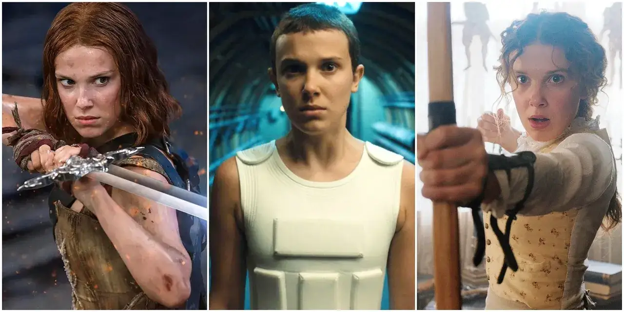 Millie Bobby Brown w filmach i serialach: wojowniczka z mieczem, Eleven w białym stroju i łuczniczka.