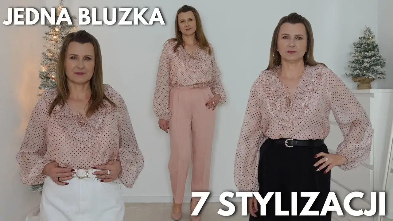 kolaż stylizacji z różnymi fasonami eleganckich spodni i dopasowanymi bluzkami
