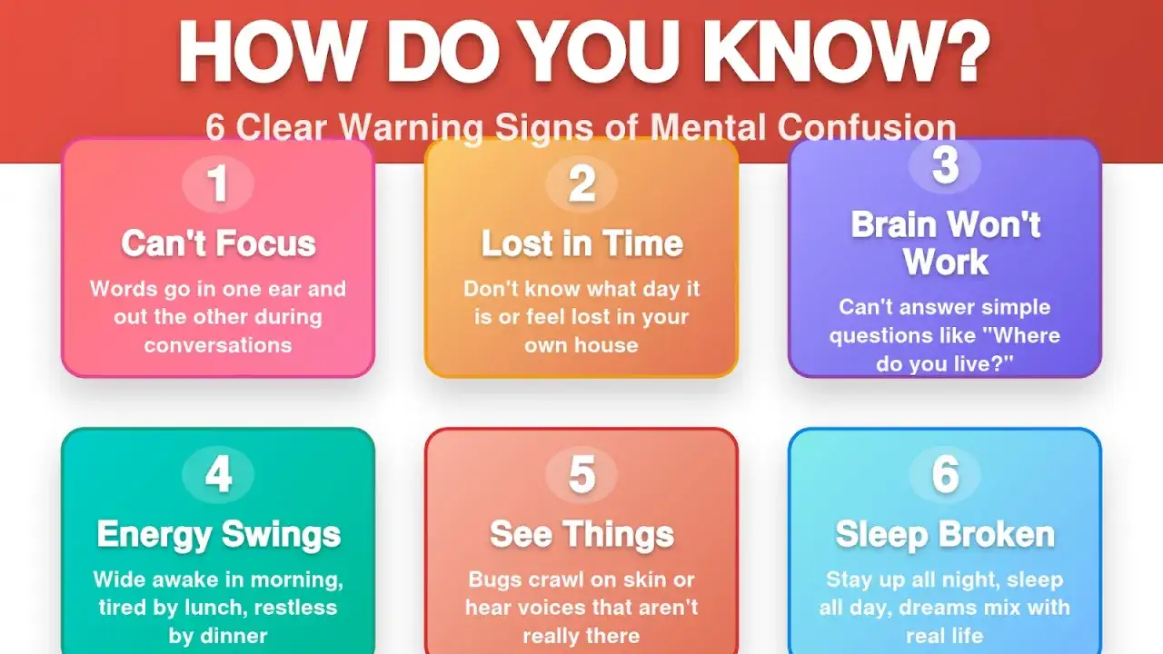Segni di confusione mentale: difficoltà di concentrazione, disorientamento temporale, cervello che non risponde, sbalzi d'umore, allucinazioni e sonno disturbato.