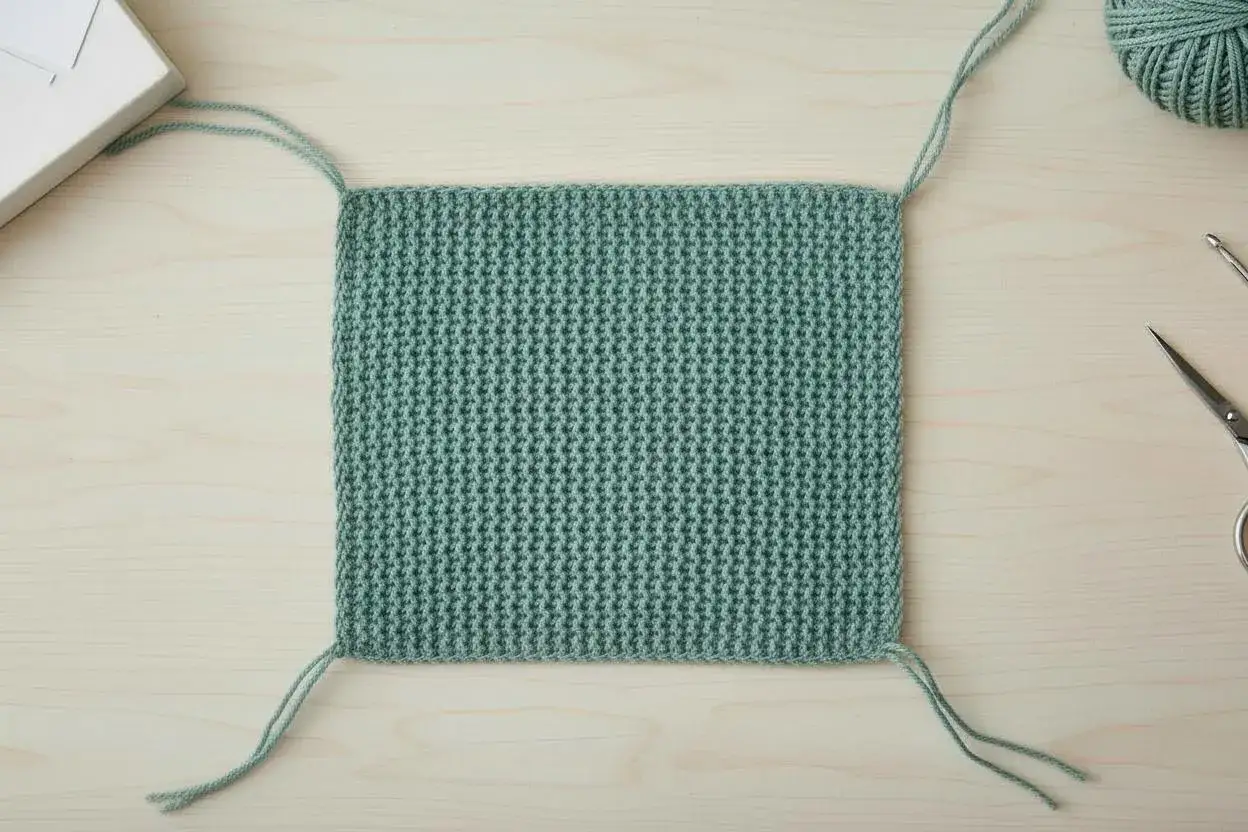 Ein gestricktes Quadrat in Mintgr&uuml;n, bereit f&uuml;r eine babydecke stricken anleitung. Garnkn&auml;uel, Schere und H&auml;kelnadel liegen daneben.