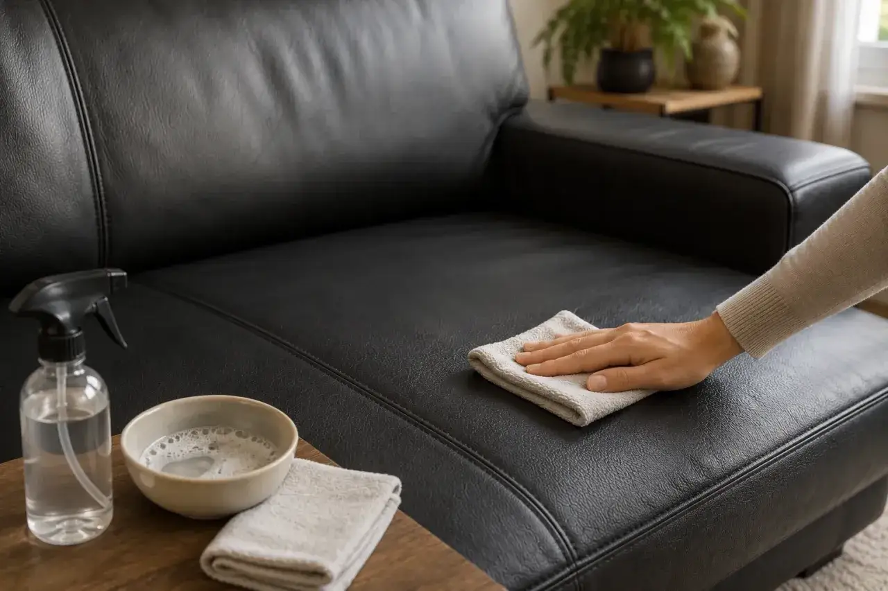 Main d'une personne nettoyant un canap&eacute; en simili cuir noir avec un chiffon. Un spray et un bol de savon sont &agrave; proximit&eacute;, montrant comment enlever de la colle sur du simili cuir.
