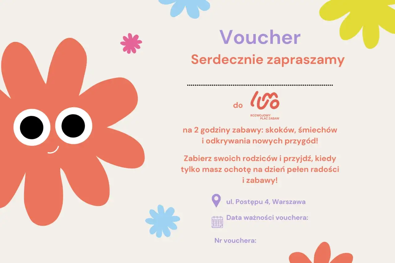 Tekst na voucher urodzinowy: zaproszenie na 2h zabawy, skoków i śmiechu. Idealny prezent na dzień pełen radości!