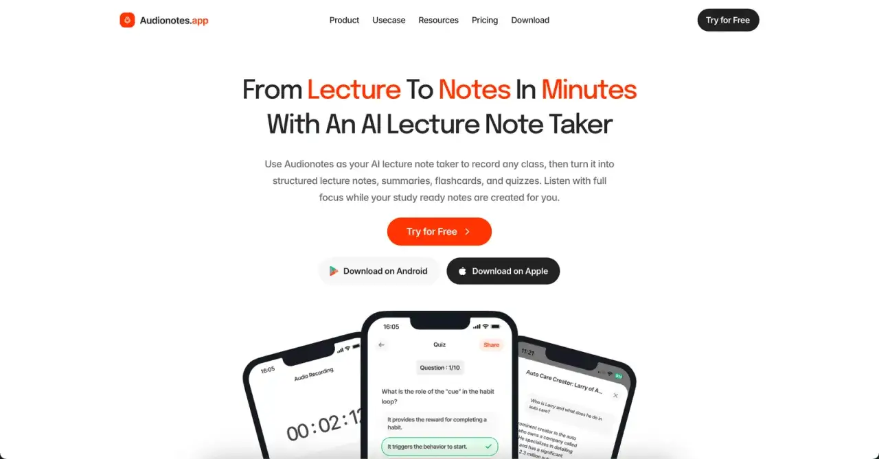Audionotes: Die KI-App, die deine Vorlesungen in Notizen zusammenfasst. Erstelle Lernmaterialien und Quizzes aus deinen Aufzeichnungen.
