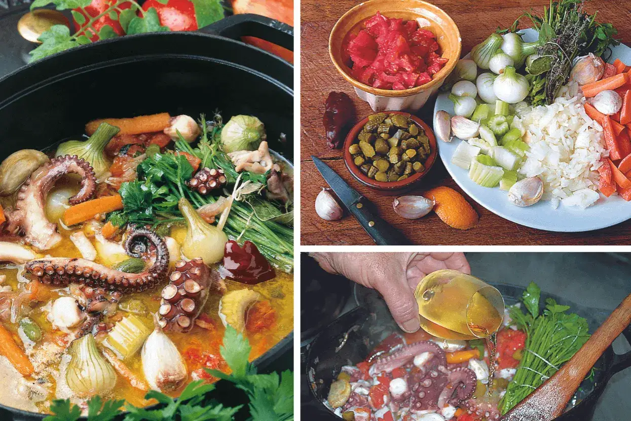 Préparation du poulpe en cocotte avec des légumes frais. Le poulpe est déjà cuit et se mélange aux carottes, oignons et herbes.
