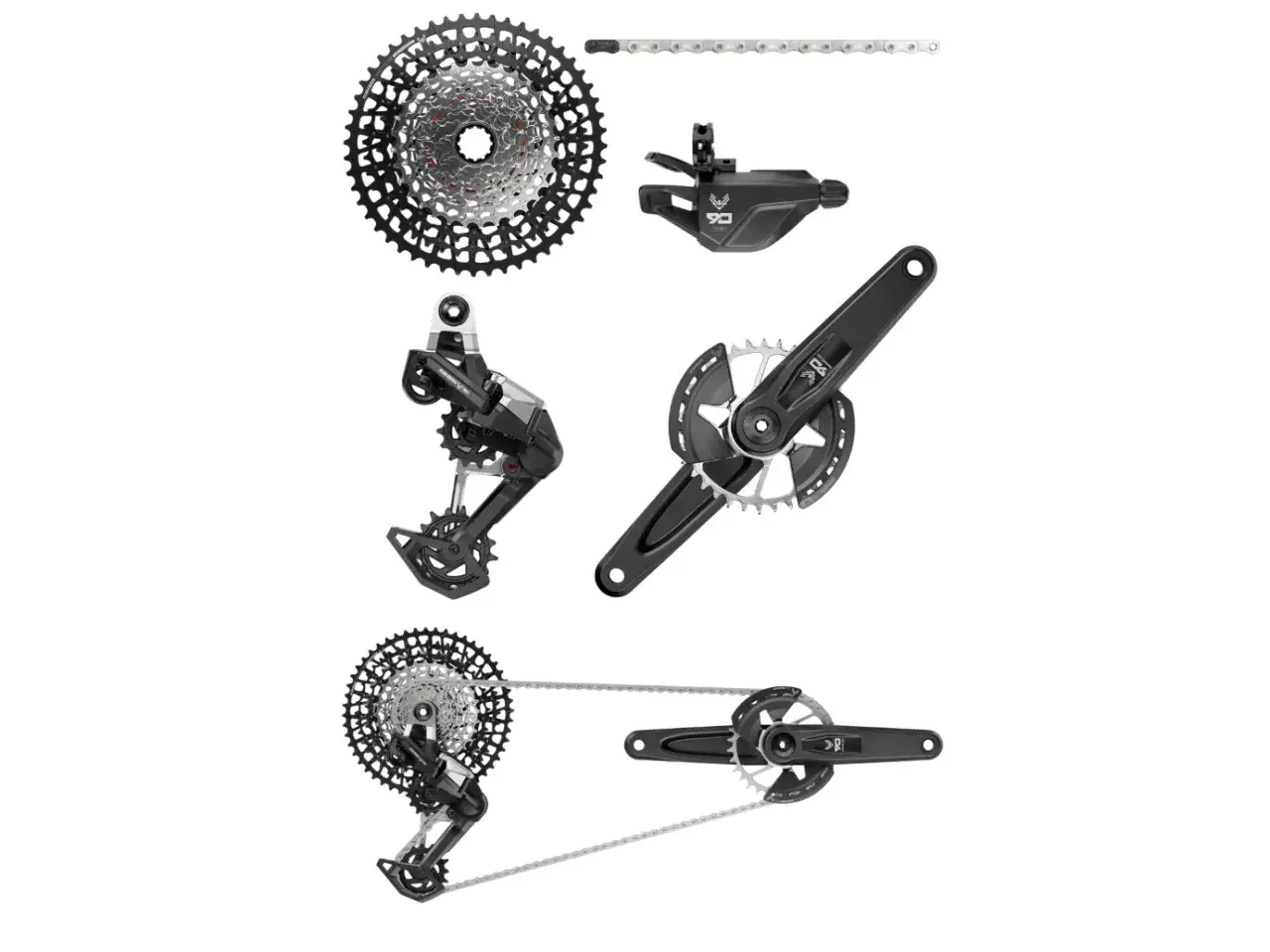Comparing SLX vs XT: A SRAM Eagle GX cassette, derailleur, shifter, chain, and crankset are shown, alongside a Shimano XT cassette, derailleur, and crankset.