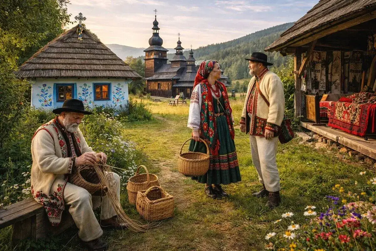 Julia Doszna, w tradycyjnym stroju, rozmawia z mężem przy chatce. Starszy pan plecie koszyk.