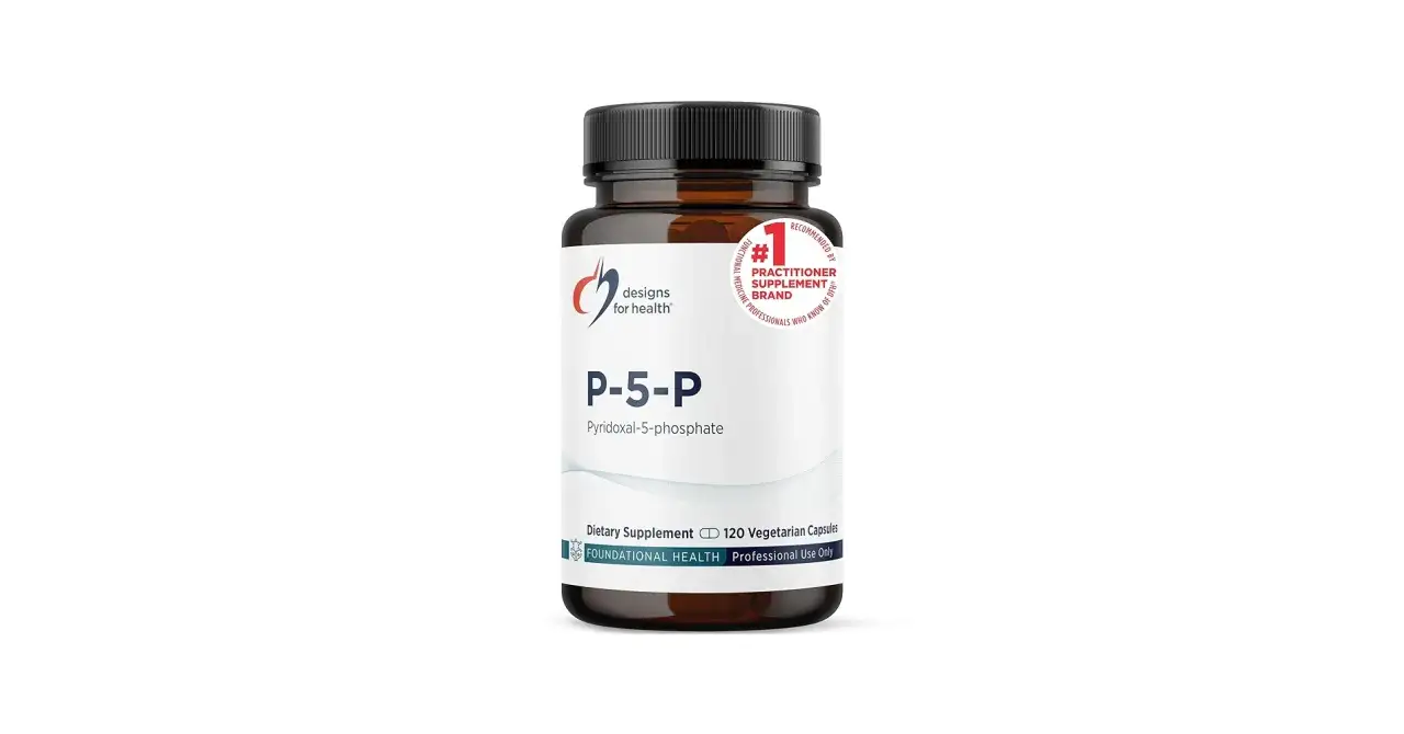 Flasche P-5-P (Pyridoxal-5-phosphat), die die Wirkung von Vitamin B6 P5P hervorhebt.