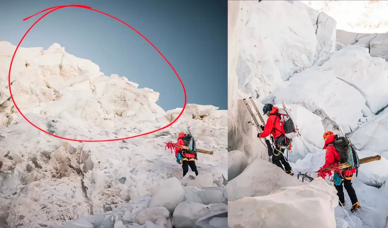 Anurag Maloo et son équipe escaladent une paroi glacée, équipés de piolets et d'une échelle. Le sommet enneigé se dresse sous un ciel bleu.