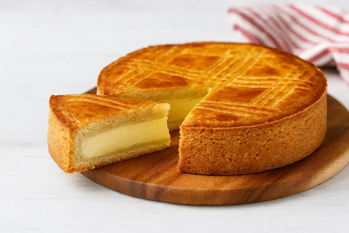 Un gâteau basque à la crème, doré et savoureux, avec une part coupée révélant sa garniture onctueuse.