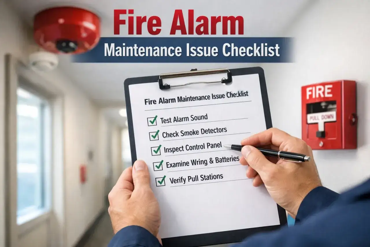 Un homme v&eacute;rifie une liste de contr&ocirc;le de maintenance de **fausse alarme incendie**. Il y a un d&eacute;tecteur rouge au plafond et un bo&icirc;tier d'alarme rouge sur le mur.