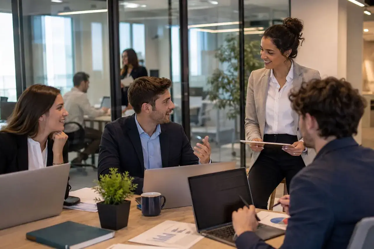 Un team discute di un progetto. Il responsabile risorse umane lavoro è presente, analizzando dati e collaborando con i colleghi.