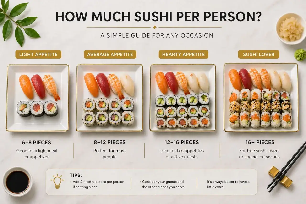 Leitfaden: wie viel sushi reis pro person? 6-8 Stücke für leichten Hunger, 8-12 für die meisten, 12-16 für Große Esser, 16+ für Liebhaber.
