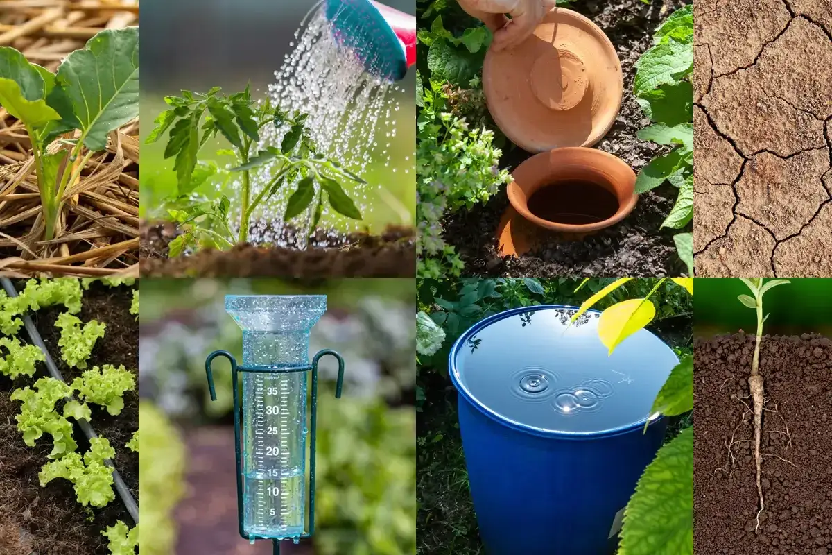 Images illustrant quand arroser le potager : jeunes plants, arrosage, pluviomètre, terre craquelée, eau de pluie.